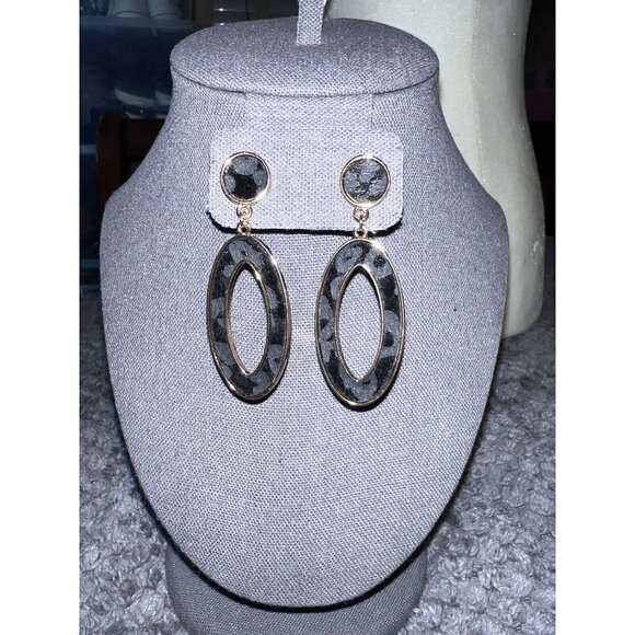 Black Animal Print Gold Tone Oval Drop Earrings - Picture 1 of 3